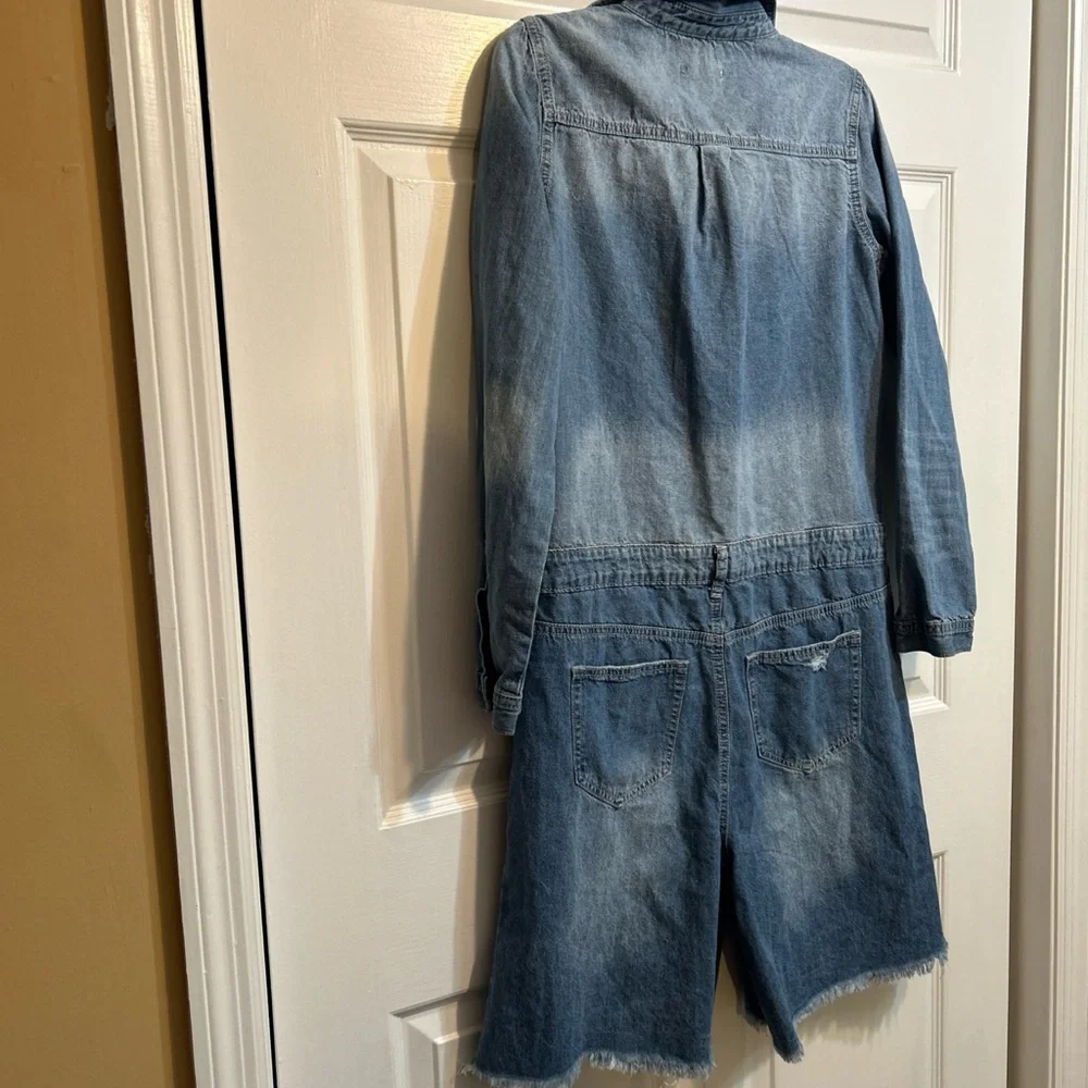 Fashion Nova Light Blue Distressed Denim Jumpsuit Romper - Picture 13 of 13